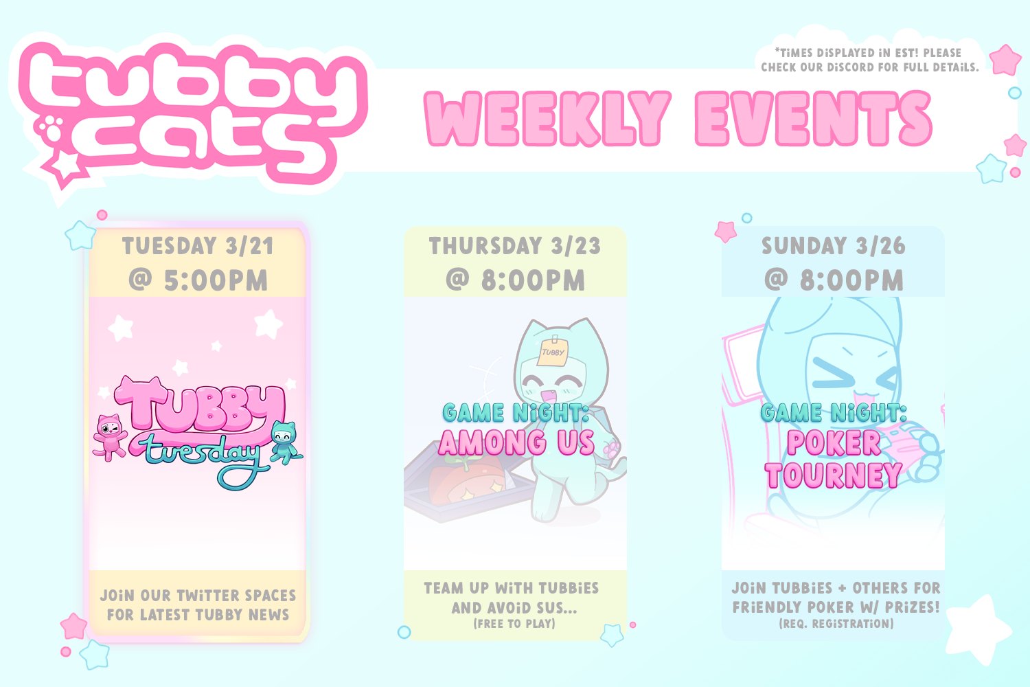 Tubby Cats weekly community events calendar graphic